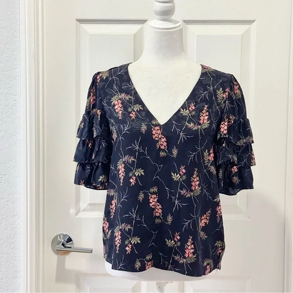 Rebecca Taylor Ivie Silk Fleur Sprig Floral Print Jacquard Top Size 4 - Picture 4 of 13